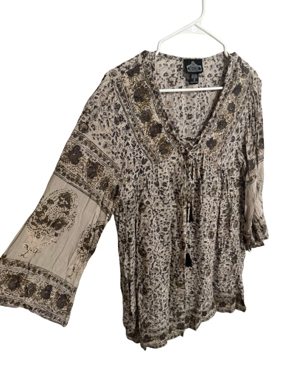 Angie Tunic Top Medium Beige Floral Crinkle Rayon Boho Tassel Cottagecore Flowy - Picture 6 of 6